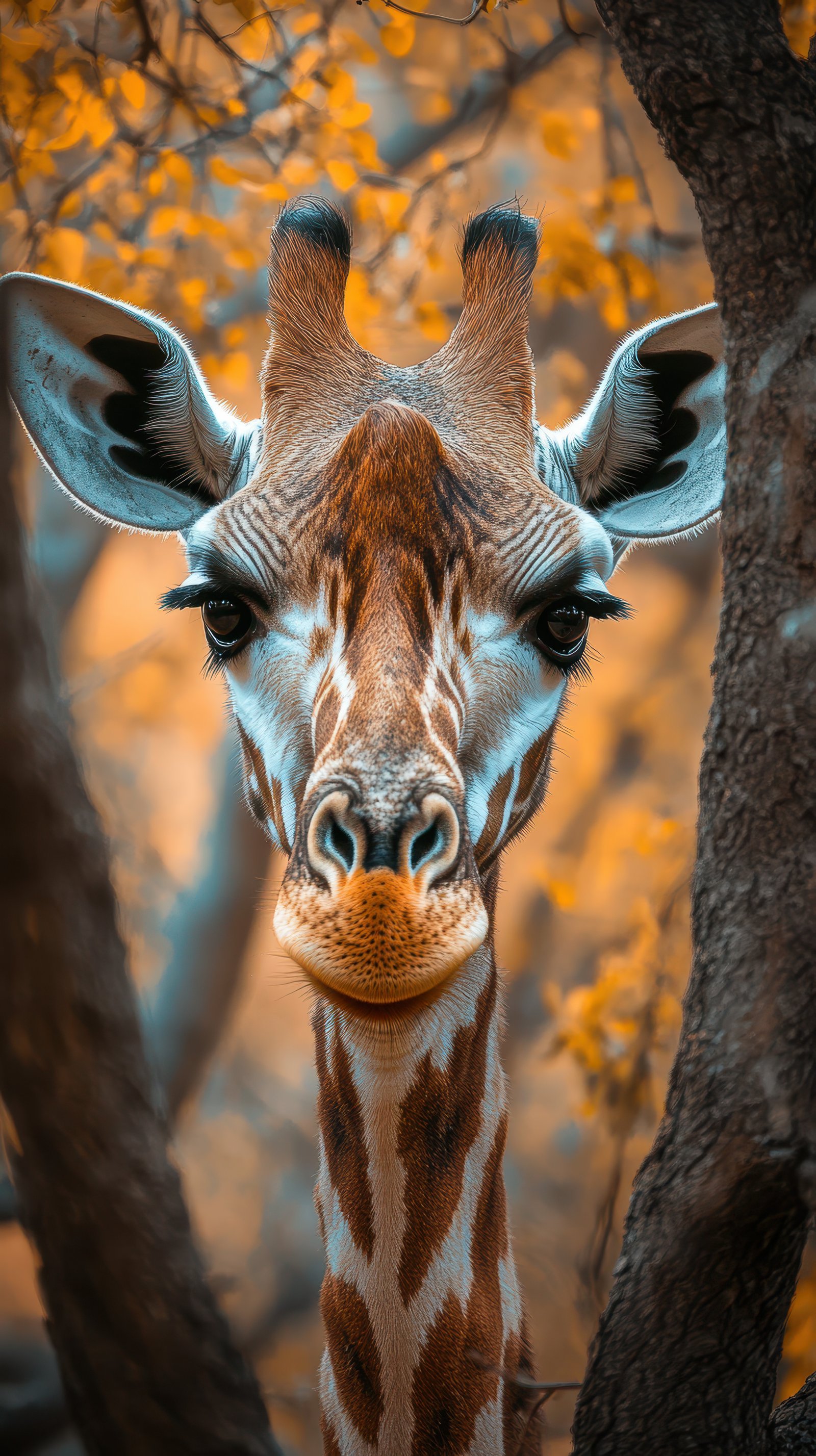 Giraffe gazes curiously through autumn foliage in a tranquil environment